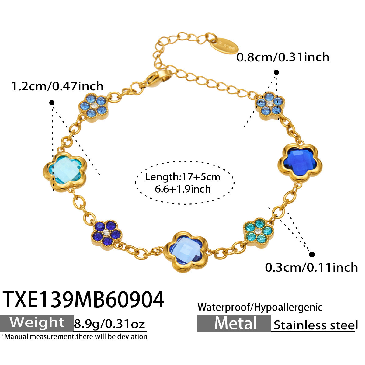 SSeeSY Custom Design Fashion Jewelry PVD 18K Gold Plated Stainless Steel Five Flower Bracelet with Colorful Zircon Czech Glass for Women Girls